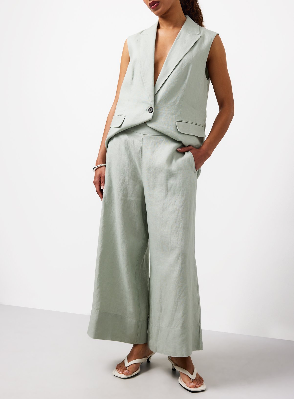 Green Pure Linen Co-ord Wide Leg Trousers 10L - Image 1 thumbnail